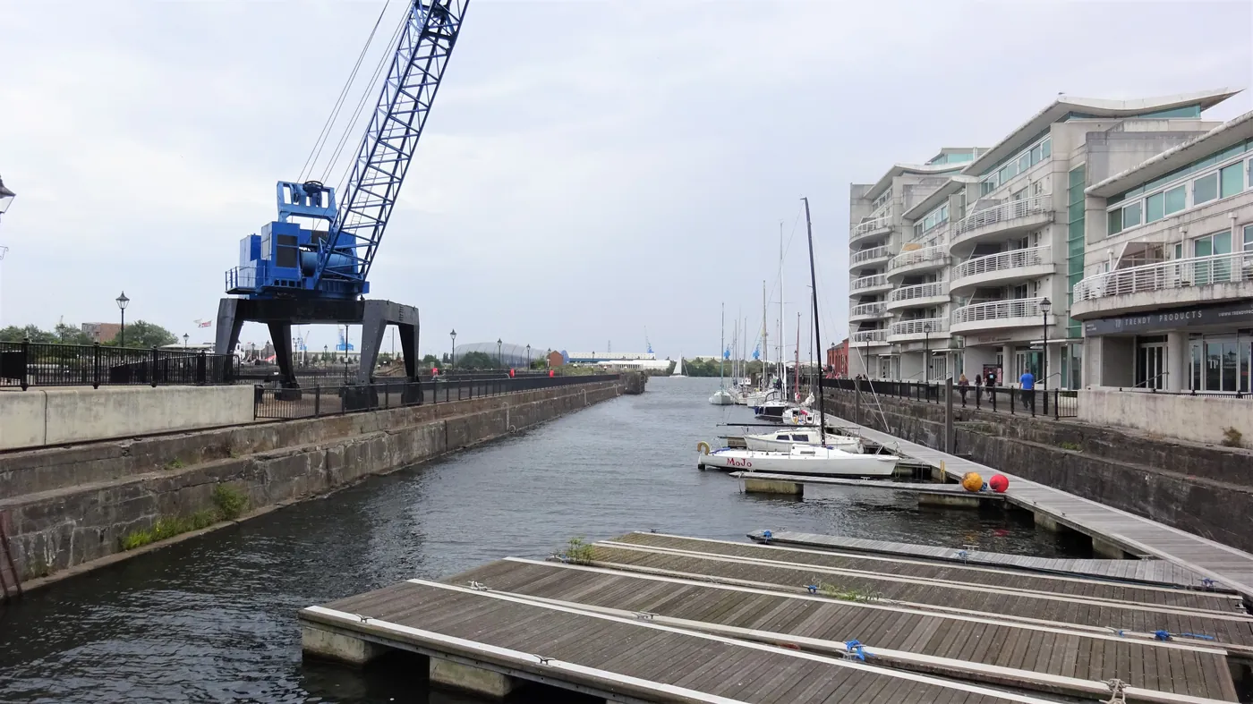 Boats moored in Mount Stuart Graving Dock with Sovereign Quay on the right