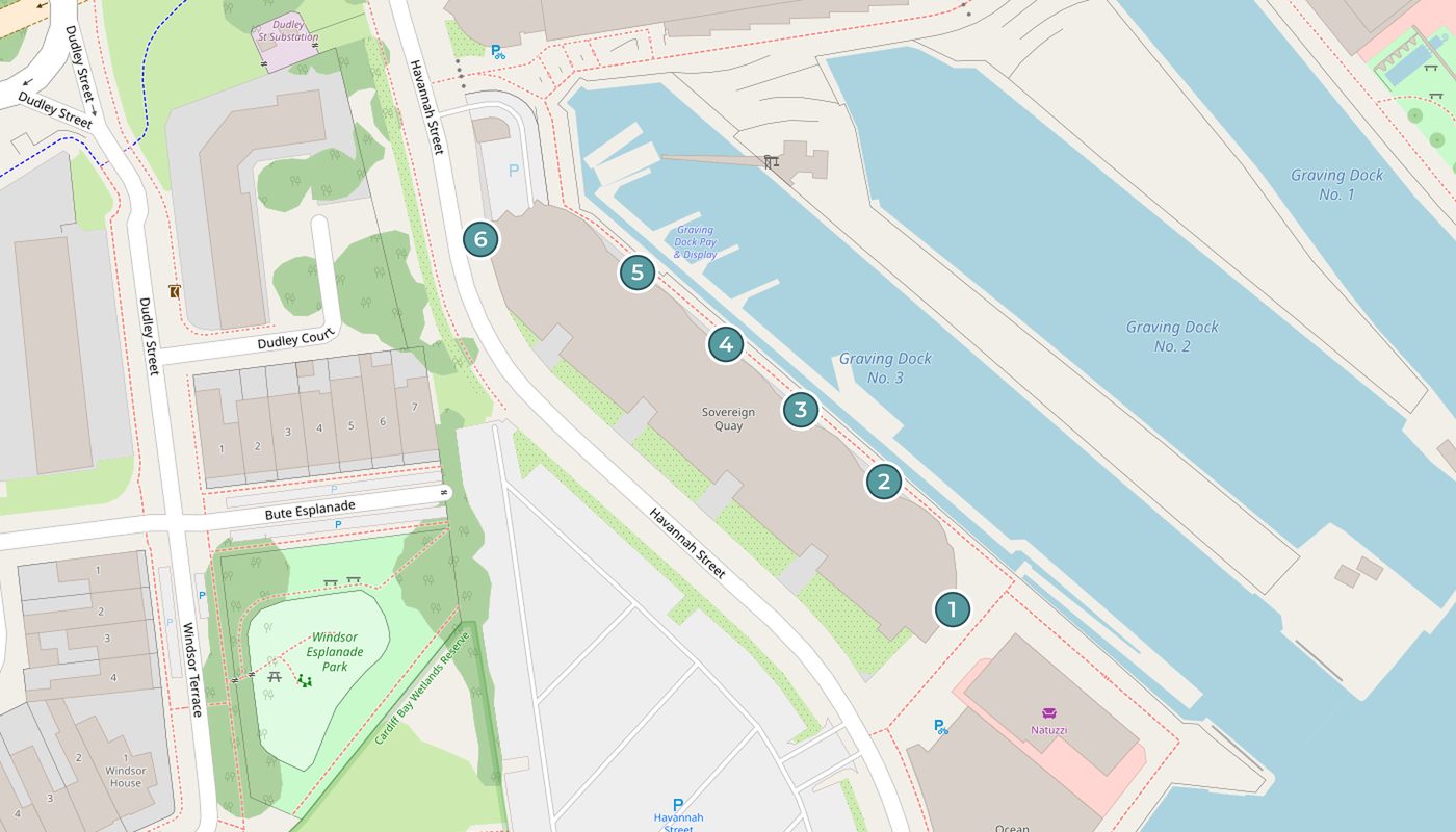 Map of Sovereign Quay on Havannah Street with numbered markers showing the entrances to Cores 1 to 6, markers 1 to 5 on the graving dock side and marker 6 on the Havannah Street side